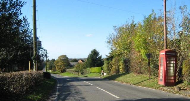 countryside lane with trees, hedges, houses behind fences and an old red phone box
